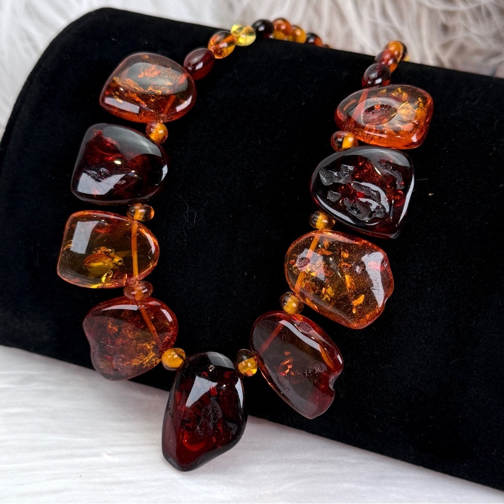* Vintage Genuine Baltic Amber Nugget Statement Necklace Cognac Cherry